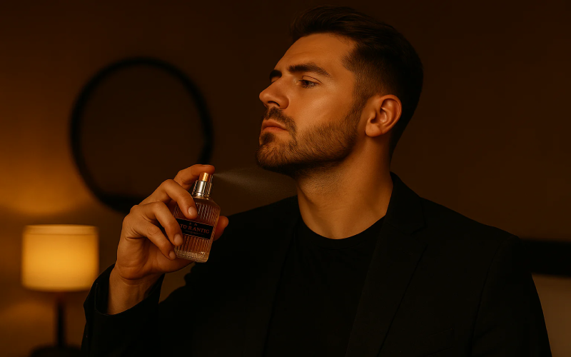 آقا در حال استفاده از عطر